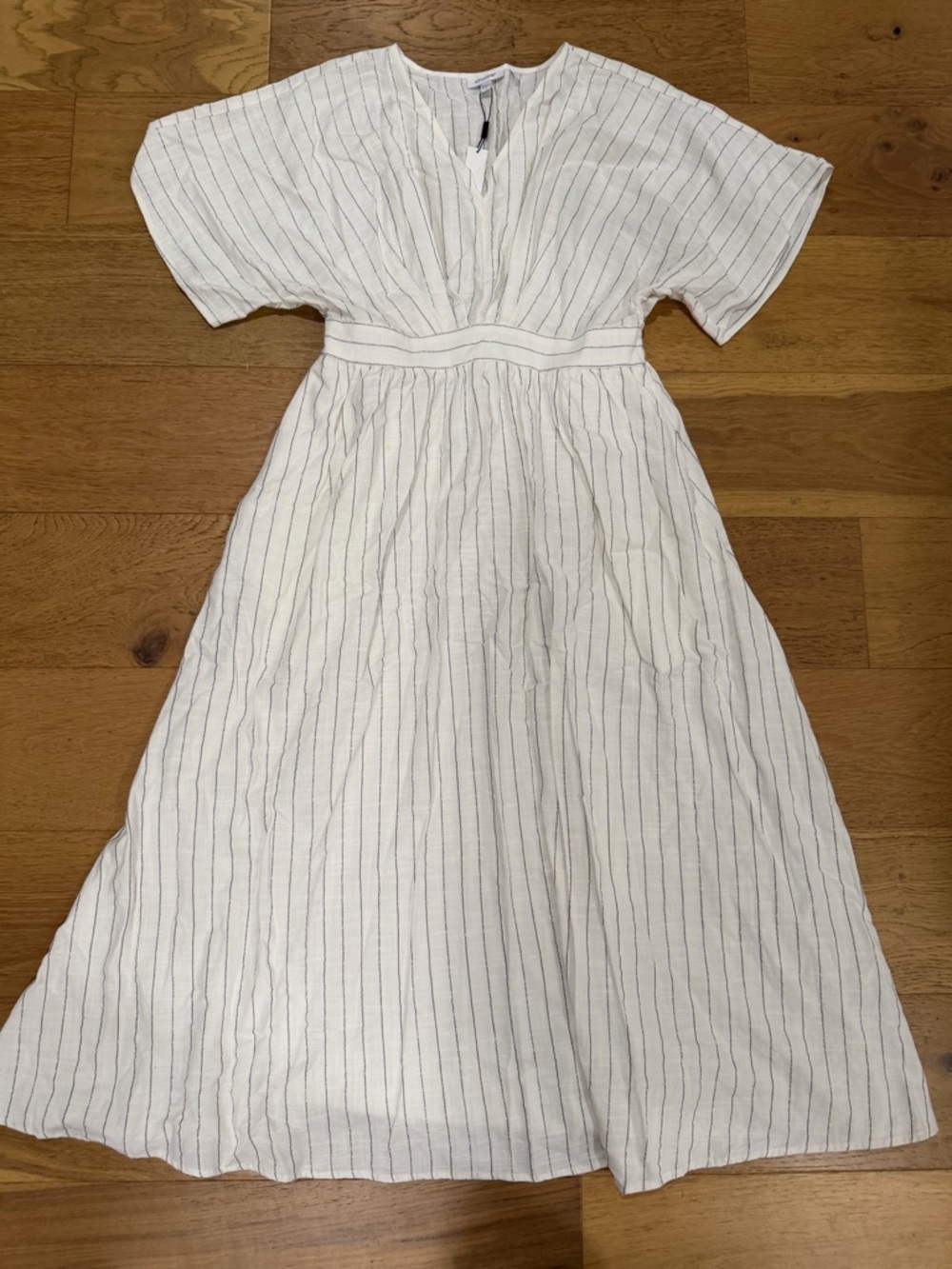 Chico's White Midi Dress w black & sparkly Pinstripes breezy timeless size L NWT